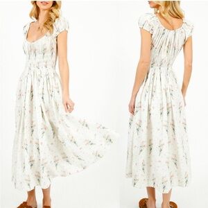 DOEN NWT Quinley Dress in Painted Bouquet Floral PuffSleeve Midi Dress L Large